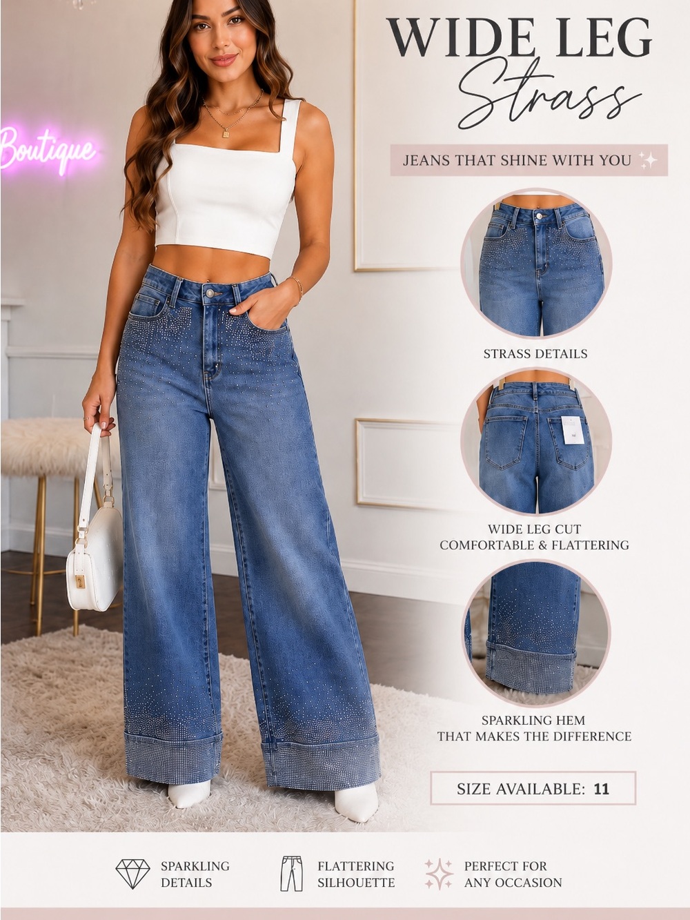 Cello Blue Denim Wide-Leg Jeans with Crystal Strass